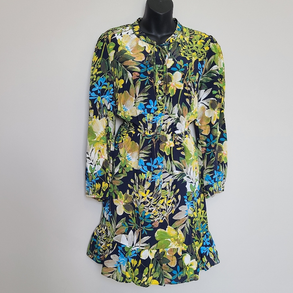 J Crew Silk Ruffle Dress Navy Blue Floral Small Watercolor Long Sleeve